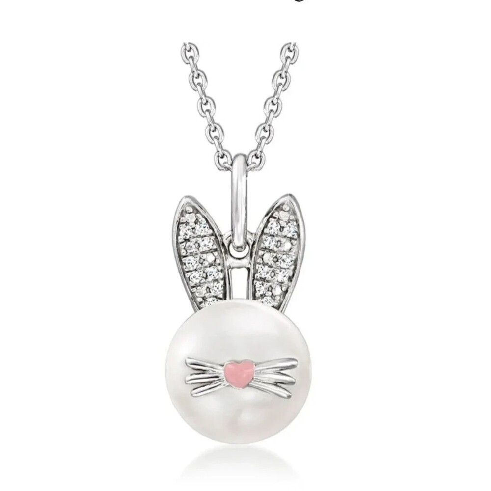 Ross-Simons Pearl Bunny Pendant Necklace with Diamonds in Sterling Silver NIB